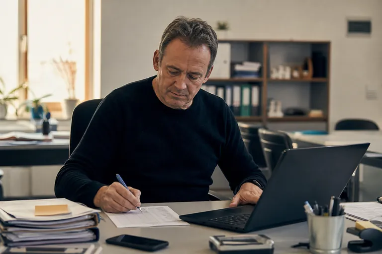 Fahrschulinhaber prüft eine Checkliste mit Akten und Laptop