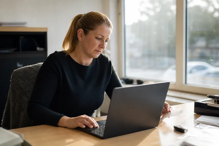 Fahrlehrerin prüft Kassenunterlagen und einen Kassenbeleg am Laptop