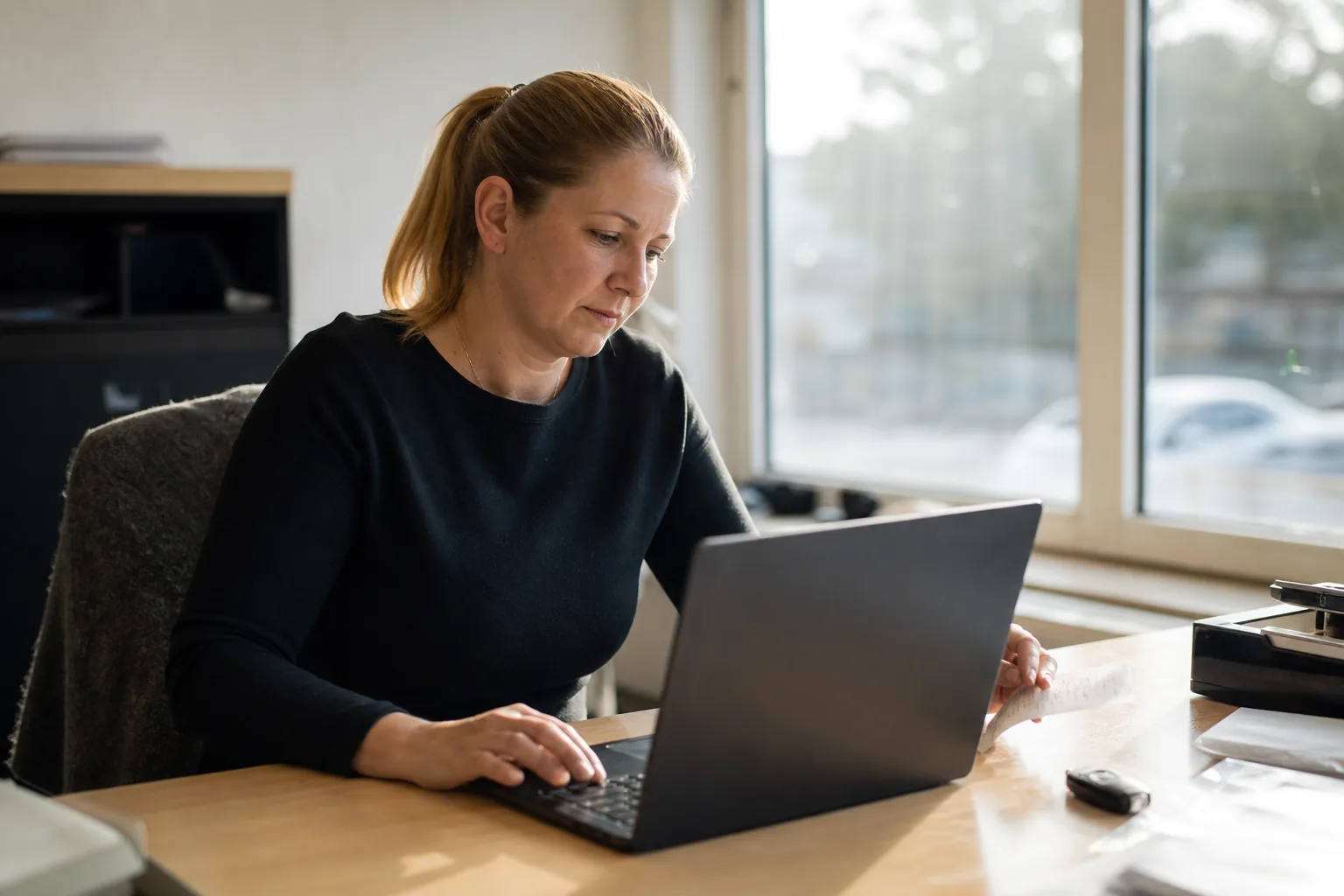 Fahrlehrerin prüft Kassenunterlagen und einen Kassenbeleg am Laptop
